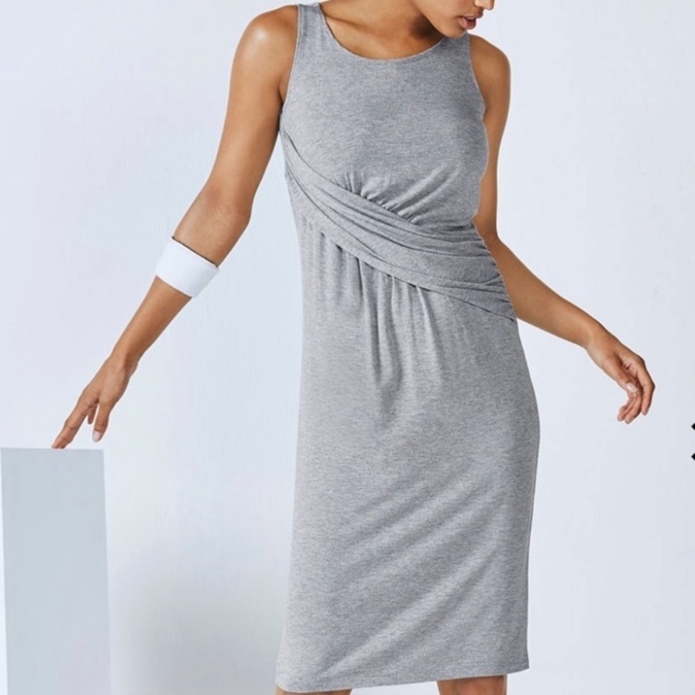 NWT Fabletics Retta Midi Dress gray casual sleeveless silky soft jersey drape